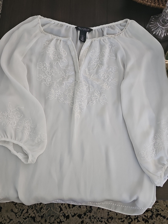 White House Black Market Tops - White House Black Market White Embroidered V-Neck Blouse.